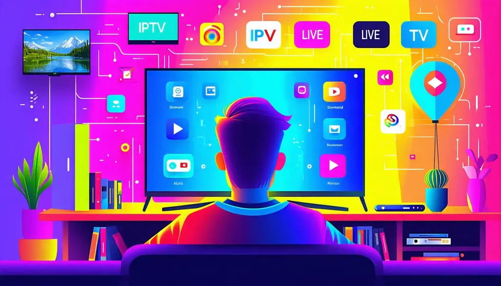 User watching IPTV content on a smart TV with live and on-demand streaming options.